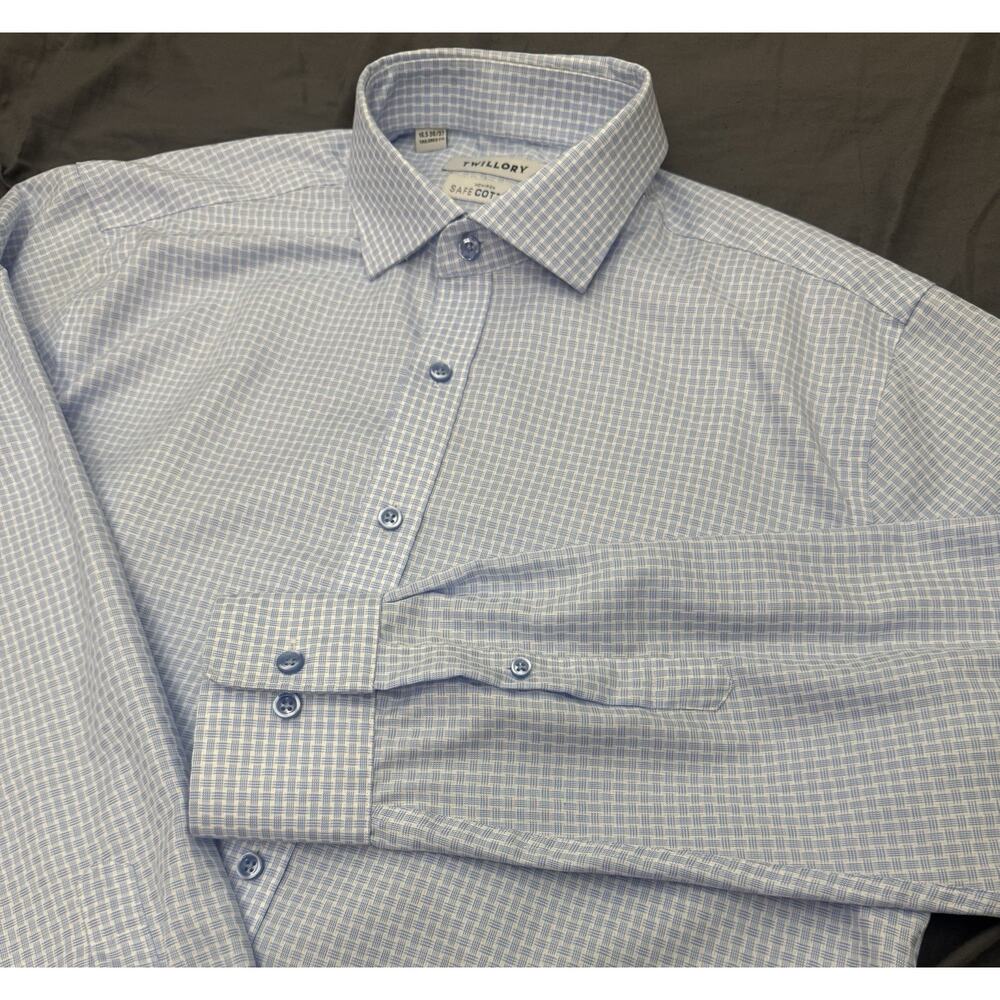 Twillory Mens 16.5 36/37 Blue Micro Check Dress Shirt Tailored Fit Non Iron